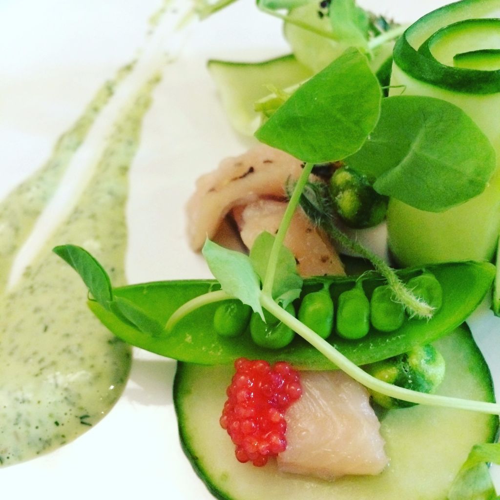 Trout, peas, cucumber and a herb buttermilk